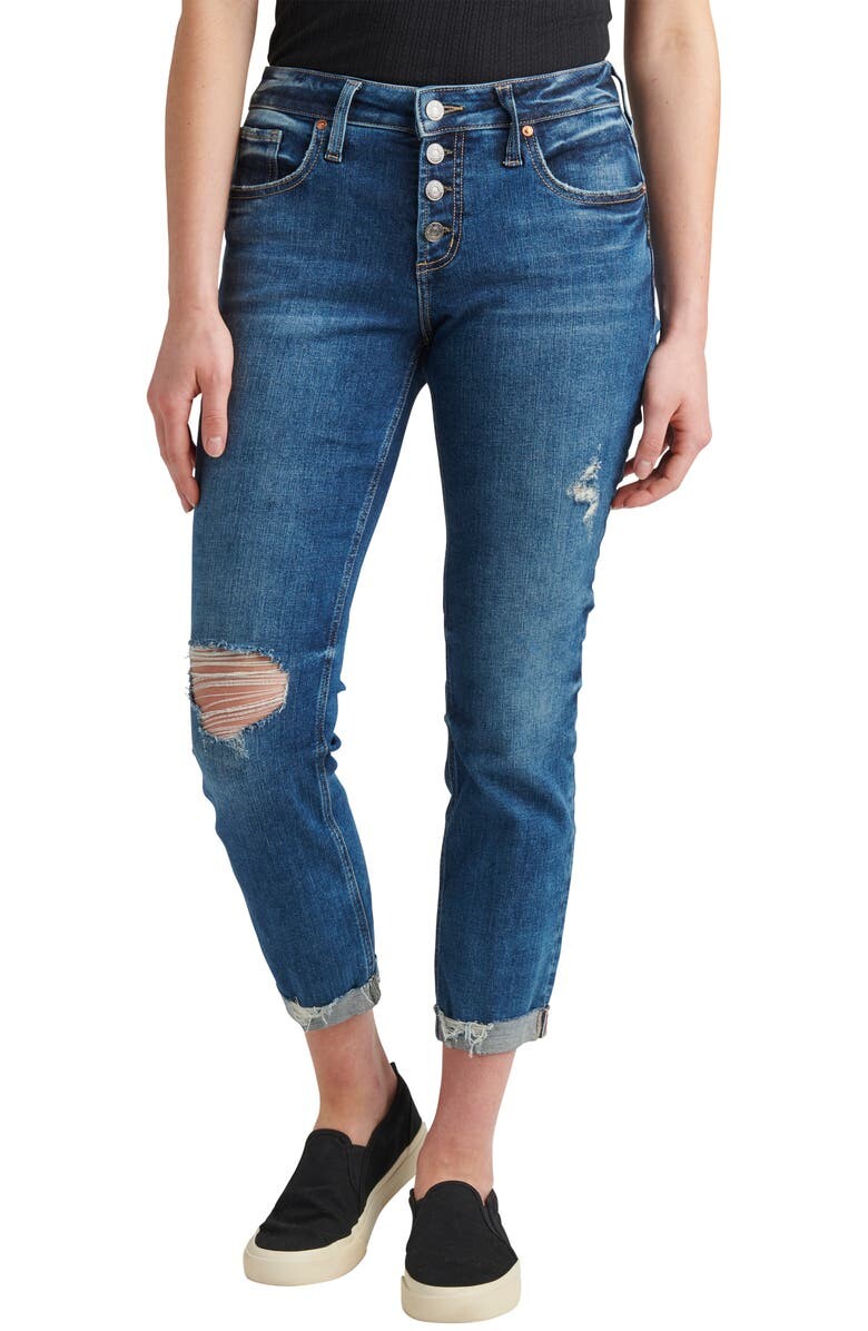 

Рваные зауженные джинсы-бойфренды с открытыми пуговицами SILVER JEANS CO.