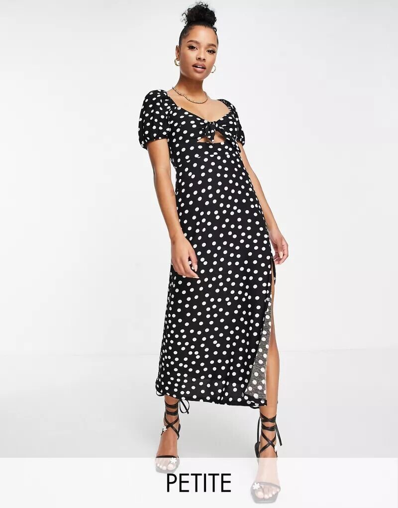 

Черно-белое платье миди в горошек с завязкой спереди Miss Selfridge Petite
