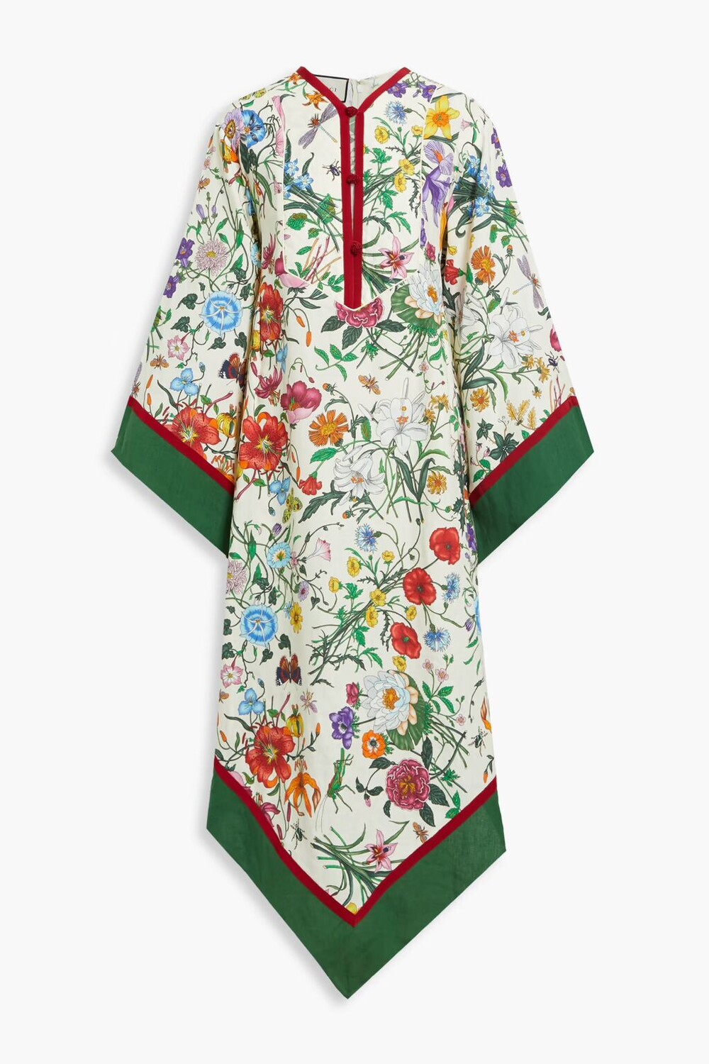 

Льняной кафтан асимметричного цвета с цветочным принтом Gucci, крем
