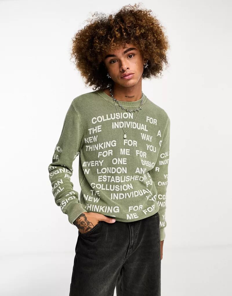 Кислотно-зеленый свитер шалфейного цвета с надписью COLLUSION