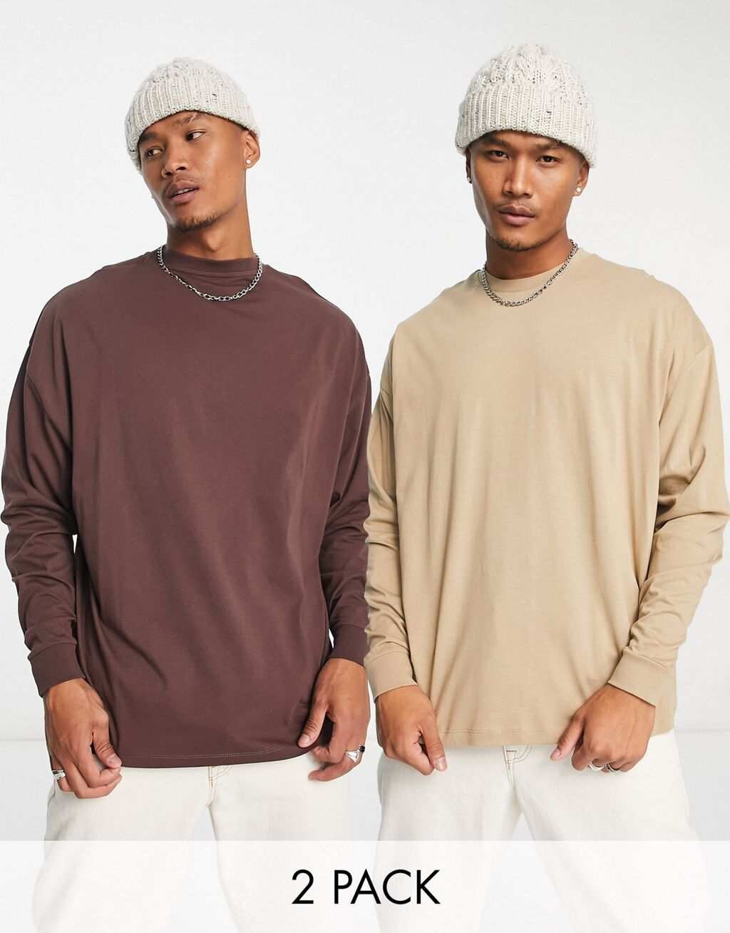 

Набор из двух больших футболок с длинными рукавами ASOS DESIGN бордового и коричневого цвета