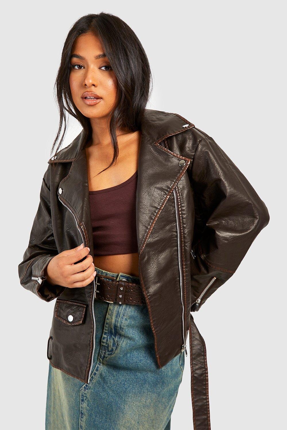 

Мотокуртка оверсайз petite vintage wash Boohoo, коричневый