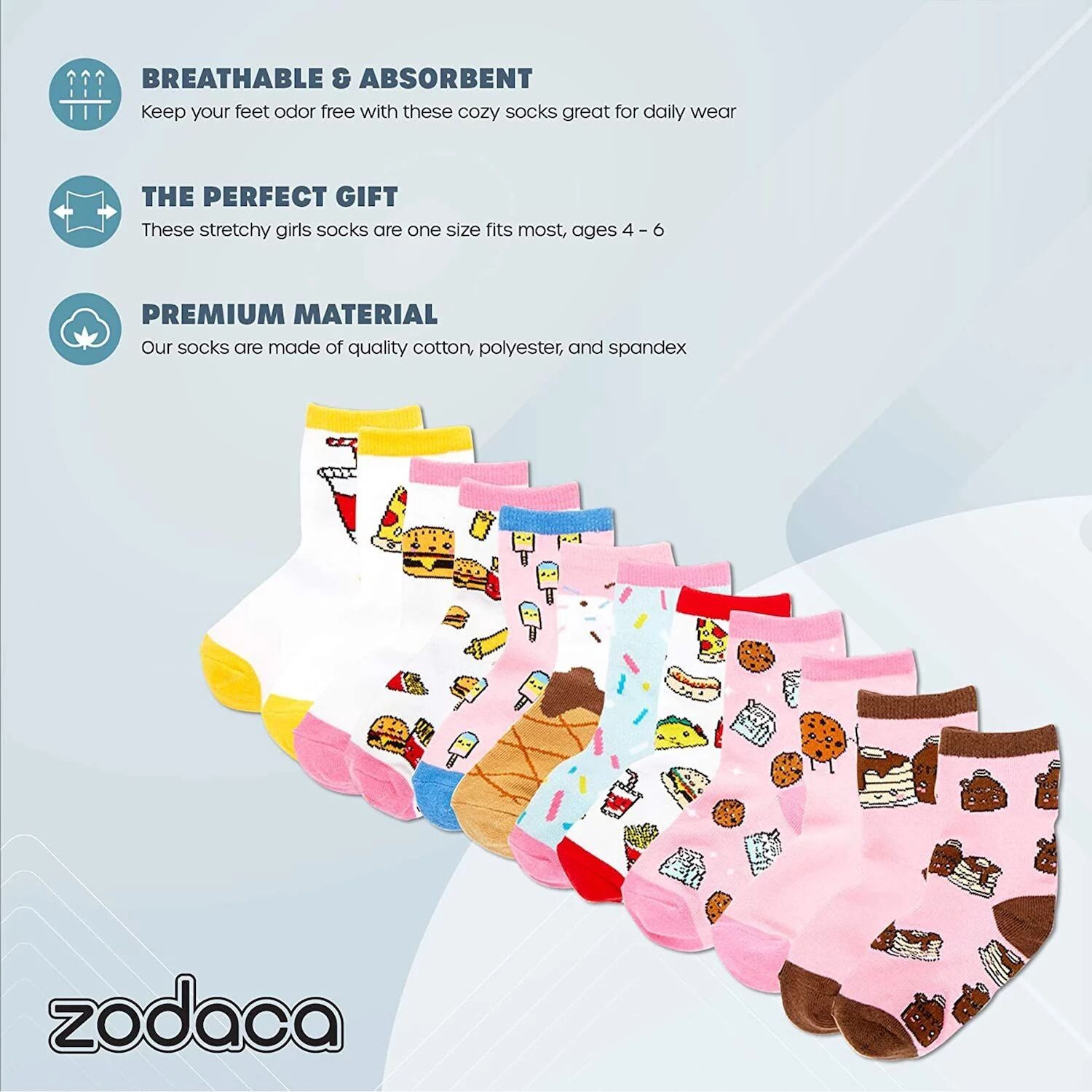 

Носки для девочек Zodaca Fast Food Lovers, забавный подарочный набор (один размер, 12 пар) Zodaca
