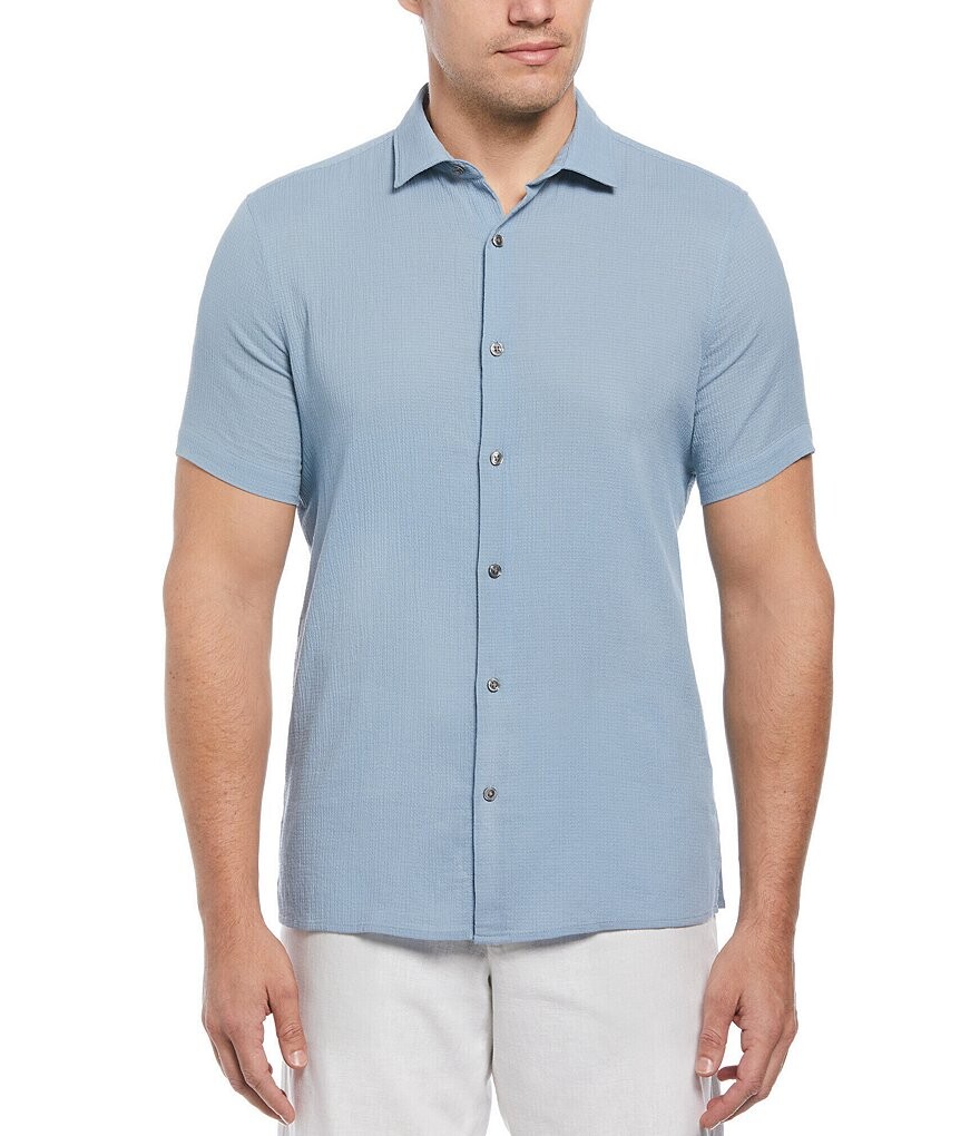 

Однотонная тканая рубашка с короткими рукавами Perry Ellis из жатого хлопка, синий
