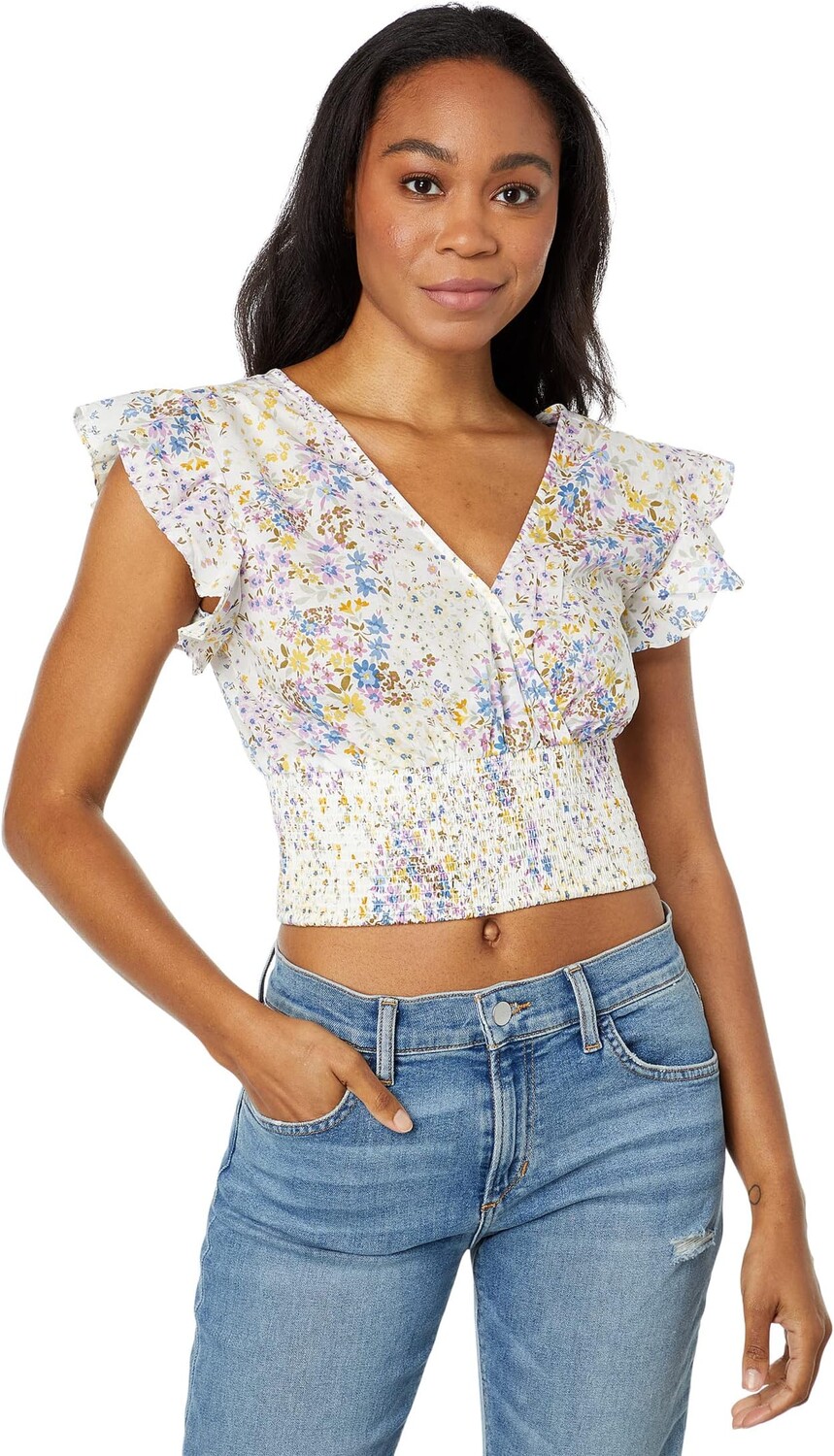 

Топ 1.STATE Flutter Sleeve Cross Front Top w/ Waistband, цвет Patchwork Ditsy