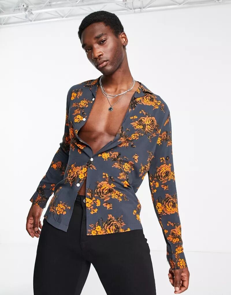 

Серая рубашка с оранжевым цветочным принтом ASOS revere