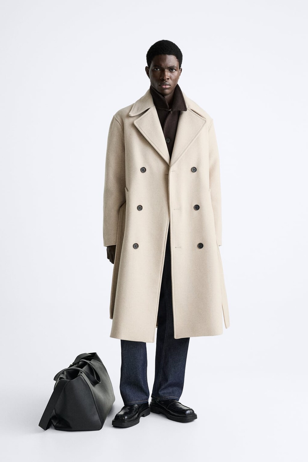 

Двубортное пальто из смесовой шерсти ZARA, экру