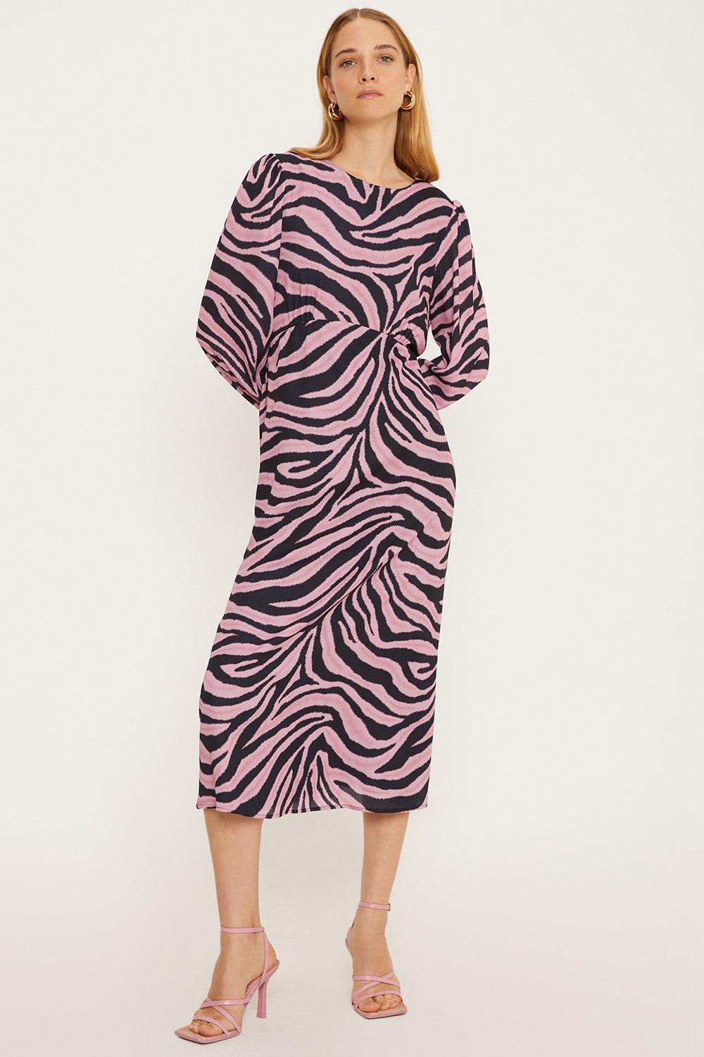 Миниатюрное чайное платье миди розового цвета с зеброй Oasis, мультиколор