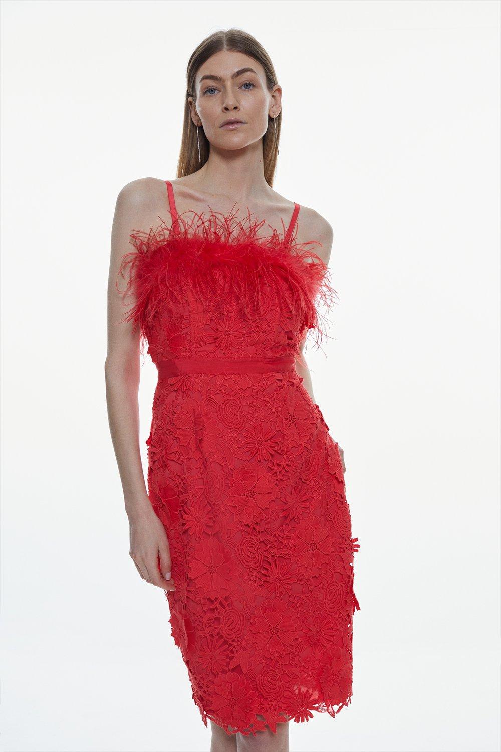 Тканое платье миди с кружевными перьями и бардо Karen Millen, красный