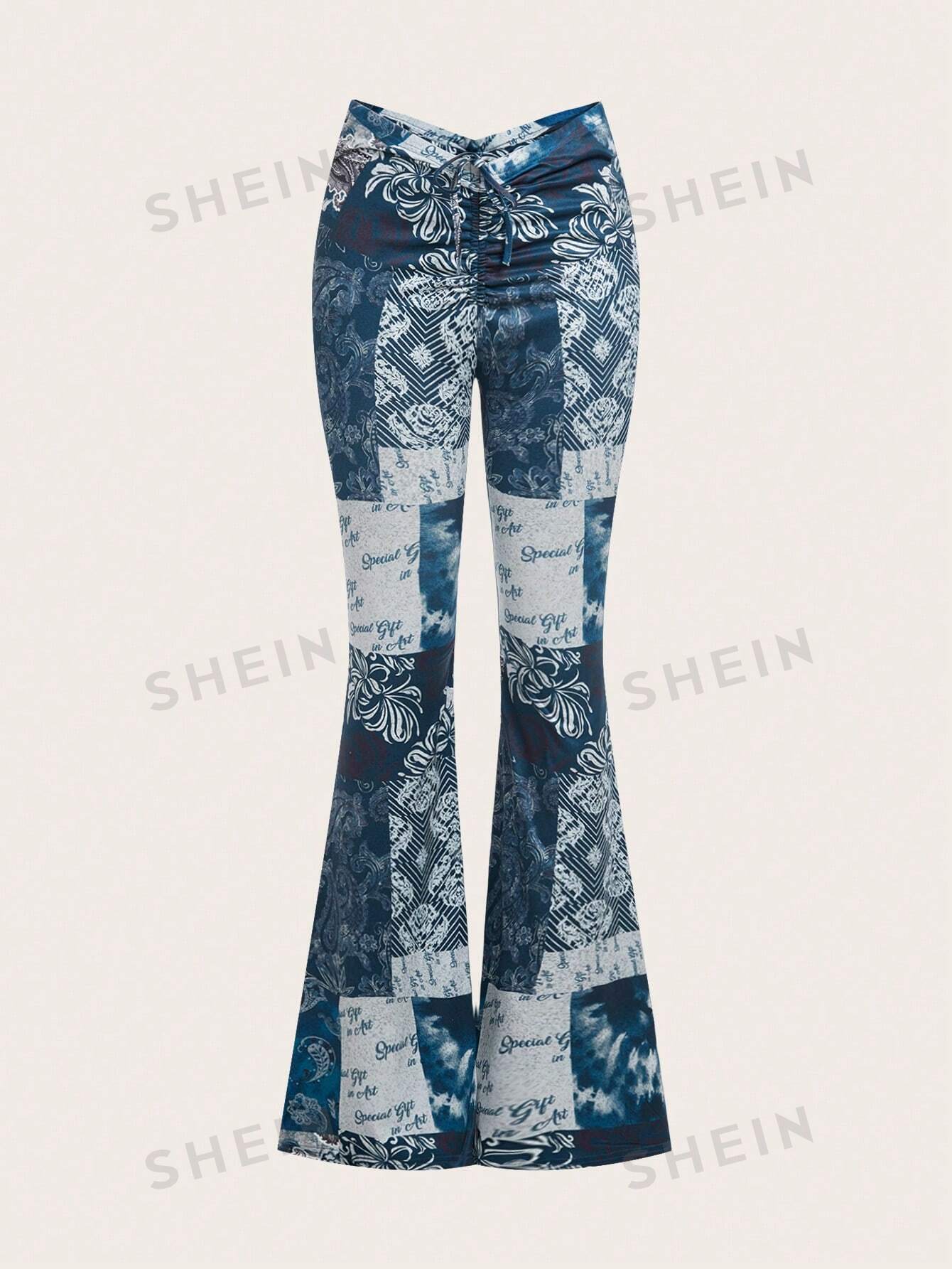 цена SHEIN ICON Расклешенные брюки с низкой посадкой и принтом в стиле пэчворк, синий
