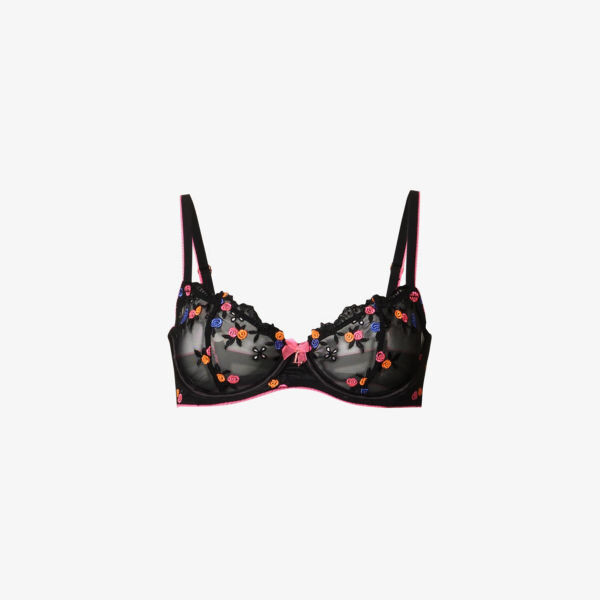 

Бюстгальтер из сетки с неоновой цветочной вышивкой и бантом Lounge Underwear, черный