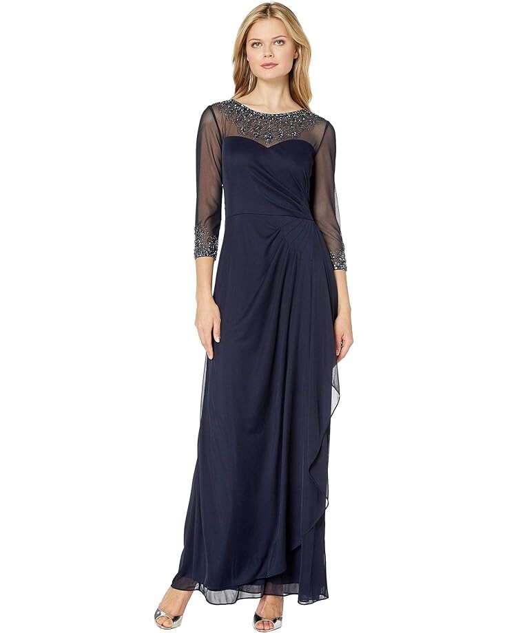

Платье Alex Evenings Long A-Line with Beaded Sweetheart Illusion Neckline, нави