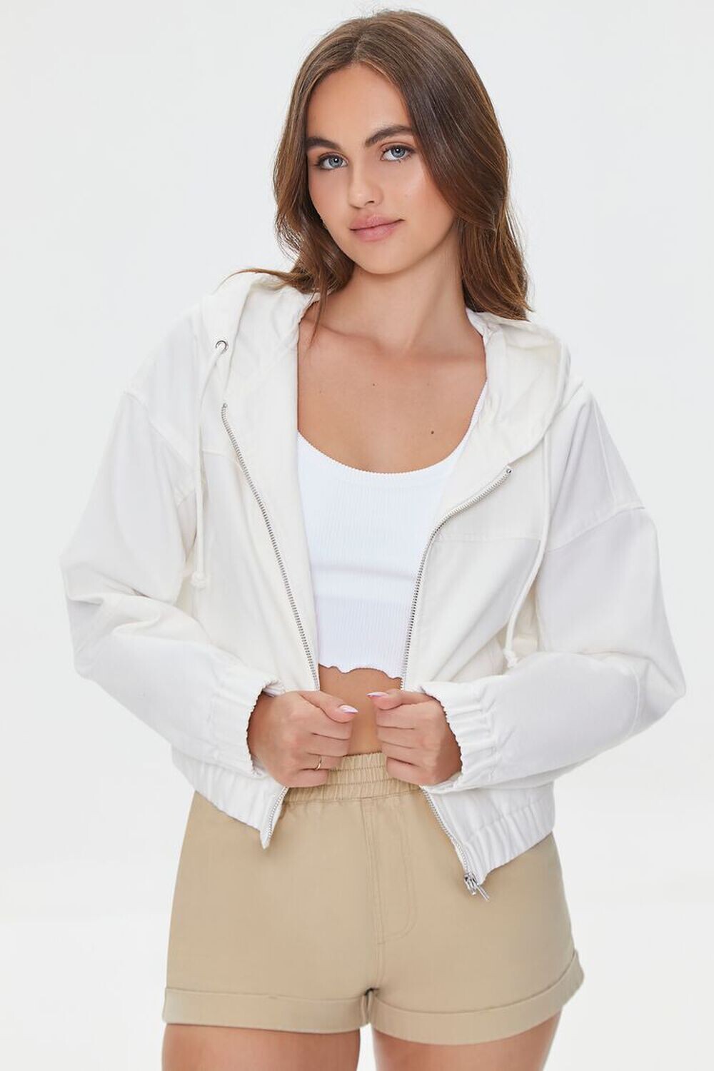 

Холщовая куртка на молнии с капюшоном Forever 21, кремовый, Бежевый