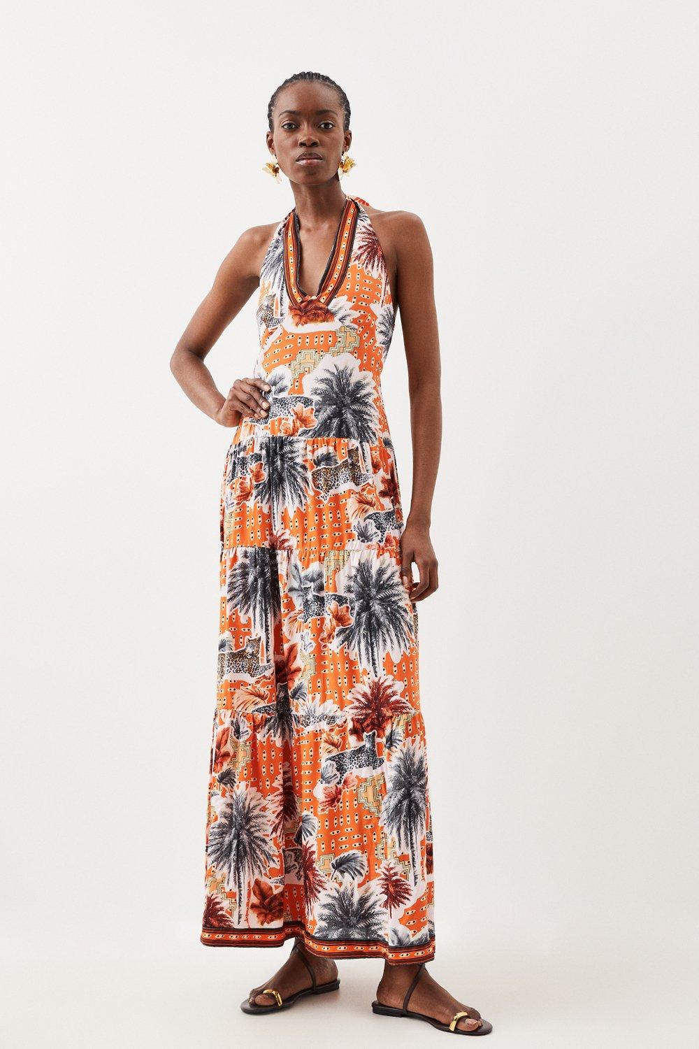 Высокое летнее платье макси с пальмами Karen Millen, оранжевый