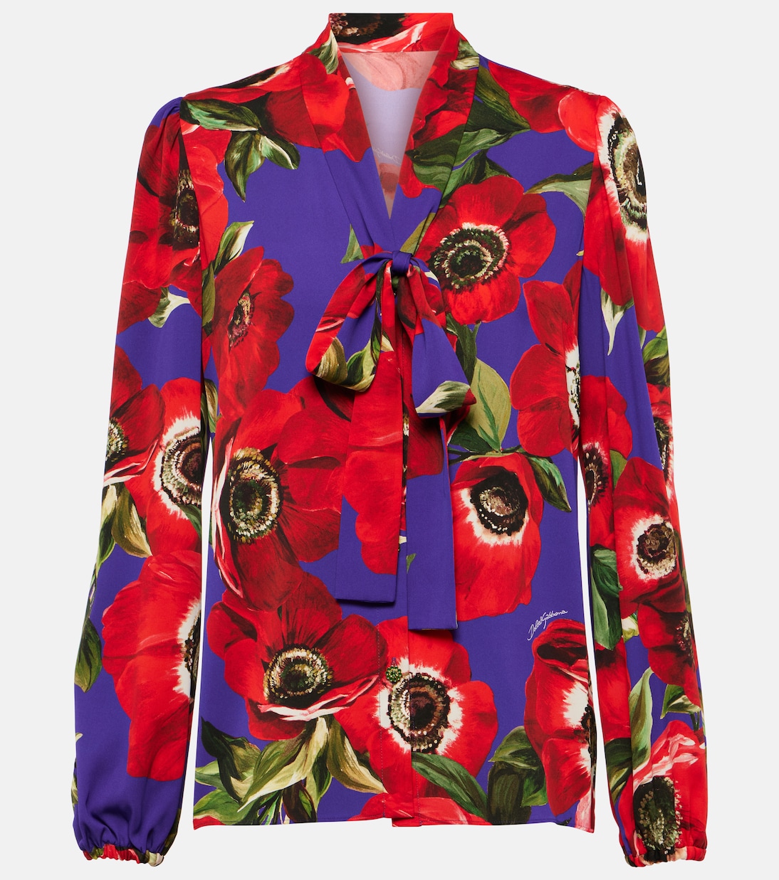 Блузка из смесового шелка с цветочным принтом и завязками на воротнике Dolce&Gabbana, мультиколор