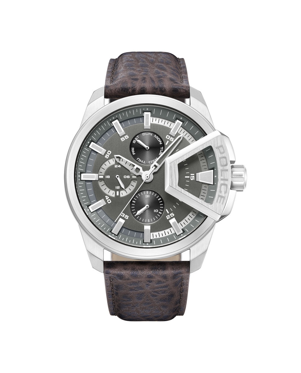 Подчеркнутые мужские часы PEWJF0005703 из кожи с коричневым ремешком Police, коричневый цена и фото