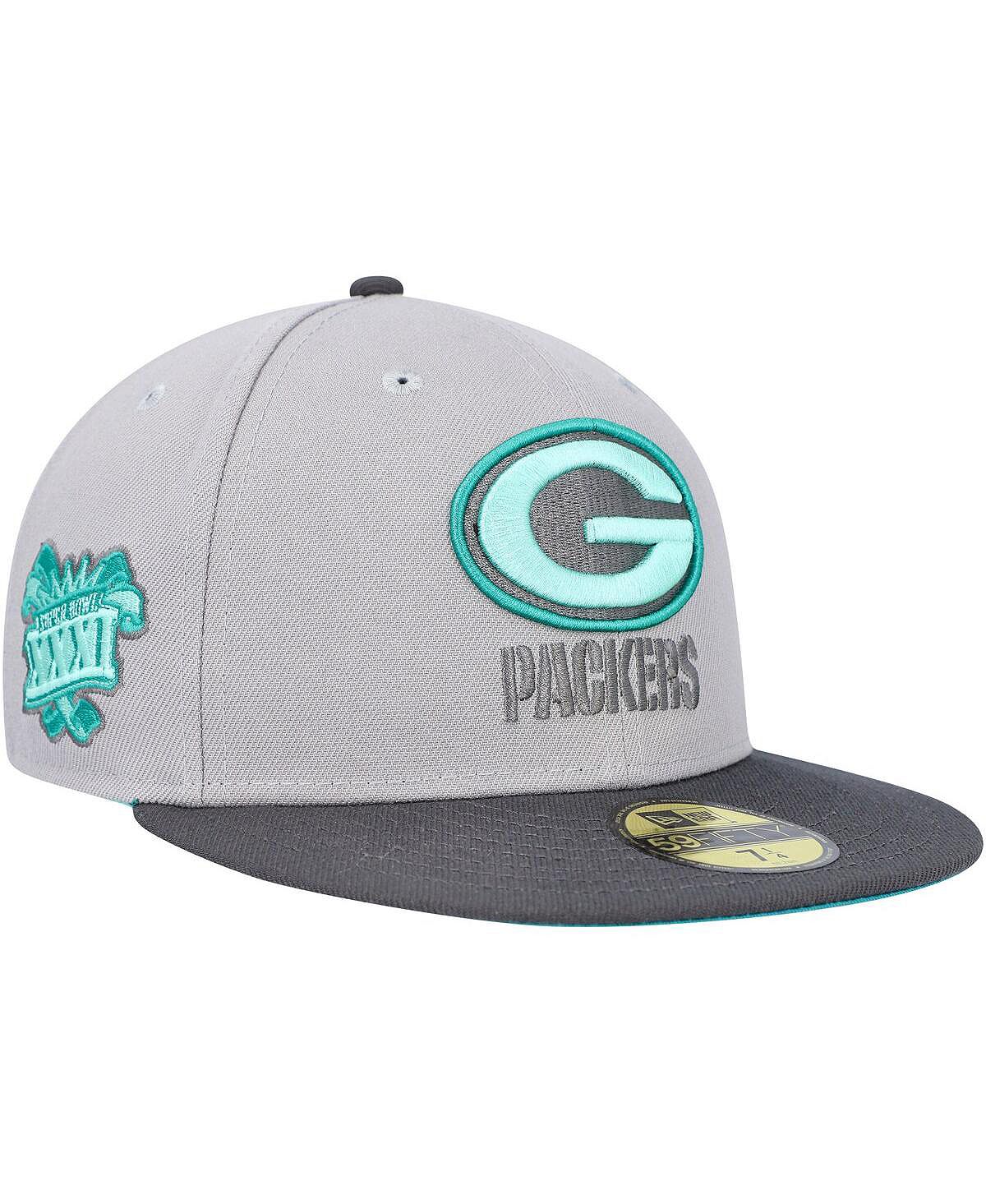 Мужская серо-графитовая приталенная шляпа Green Bay Packers Aqua Pop 59FIFTY New Era