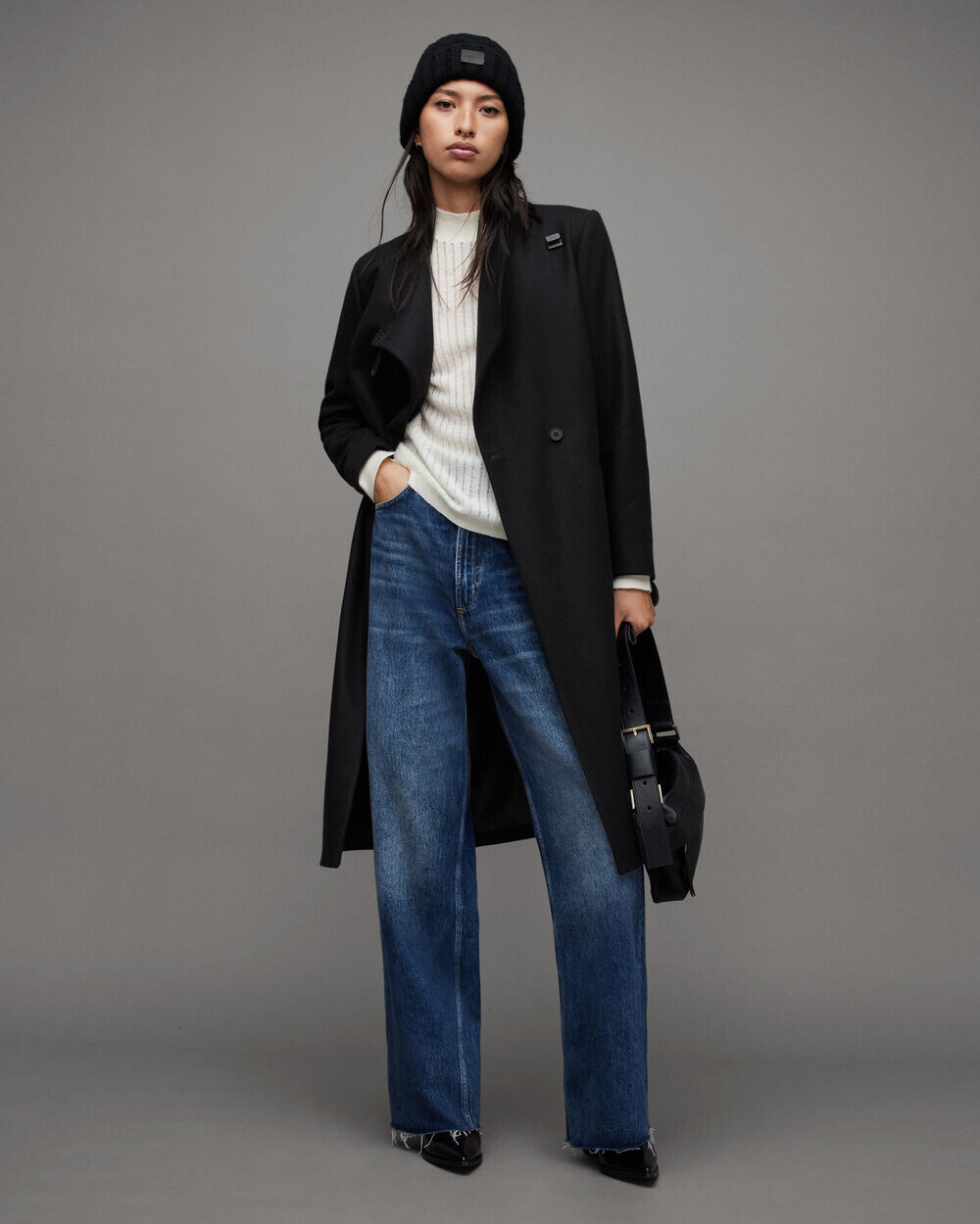 

Длинное пальто Riley с запахом и поясом AllSaints, черный
