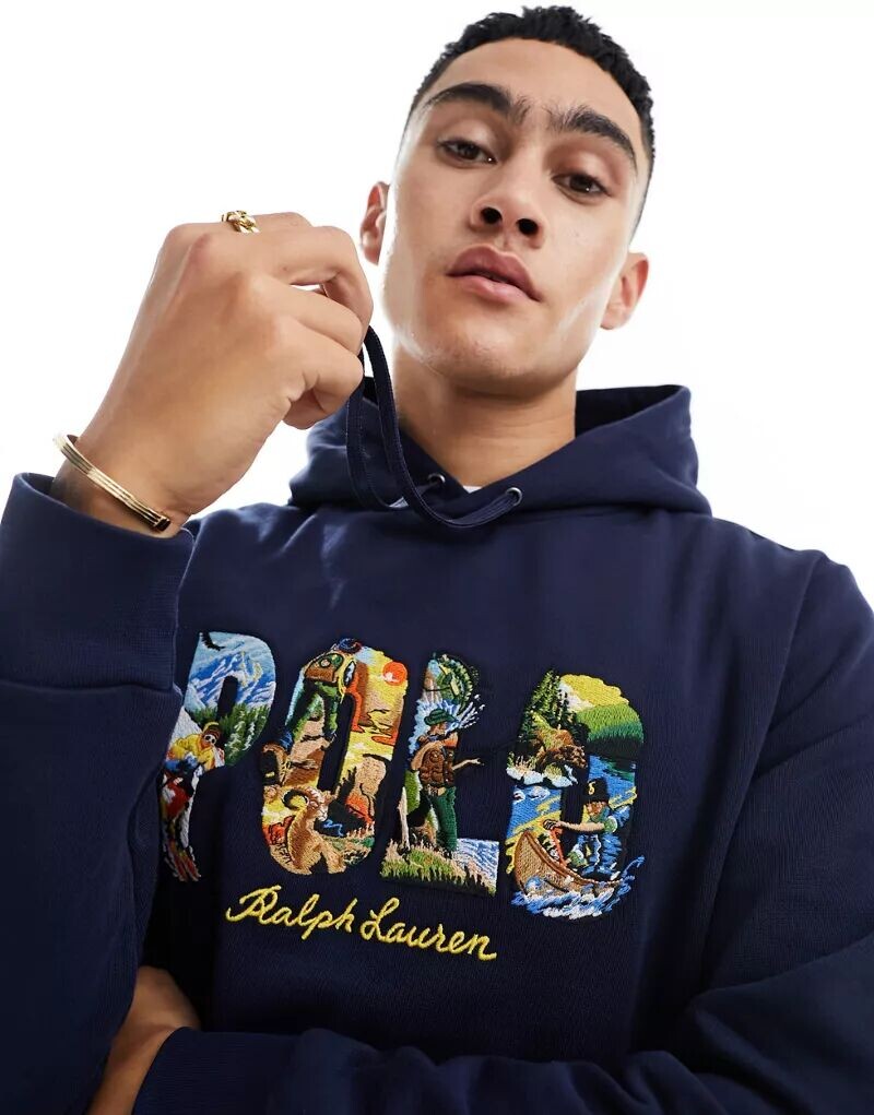 

Темно-синяя худи Polo Ralph Lauren с цветочным принтом-логотипом