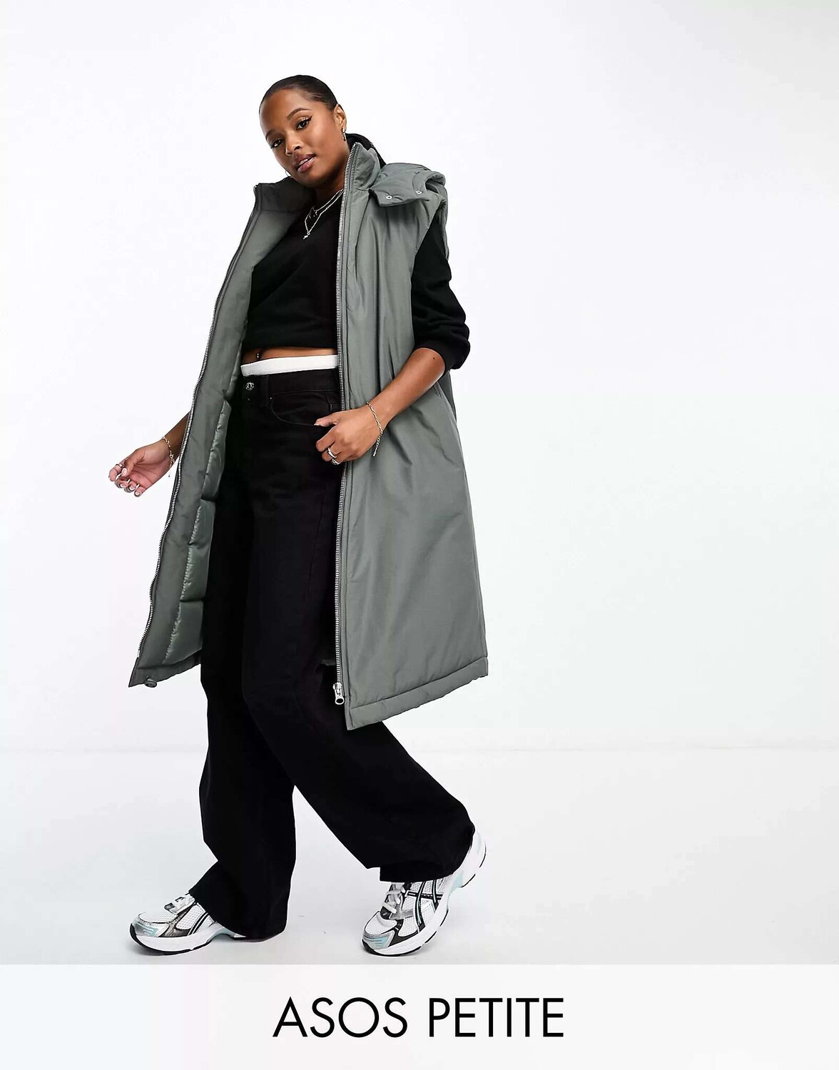 

Удлиненный темно-серый жилет с капюшоном и капюшоном из бумаги ASOS DESIGN Petite