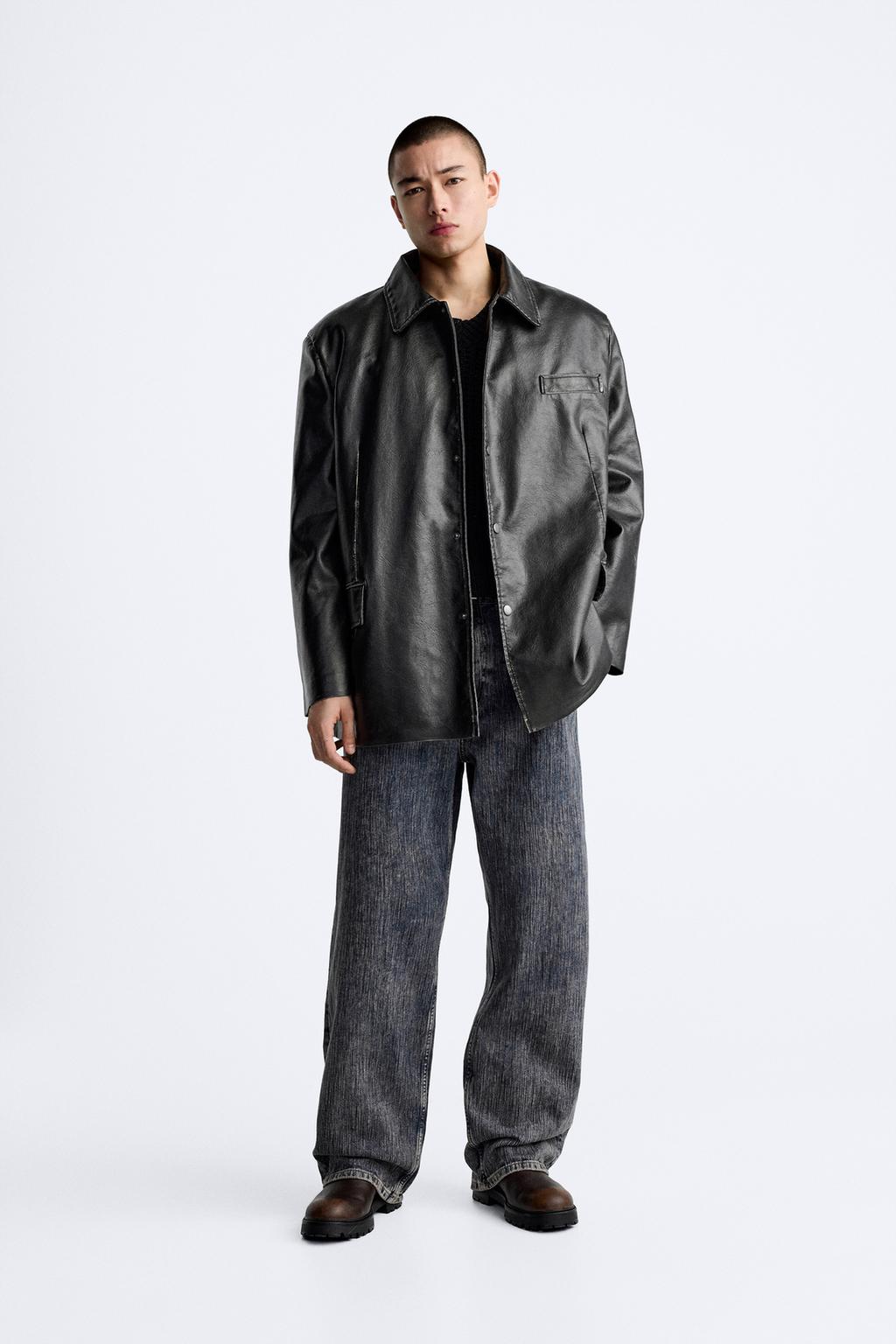 Пиджак из кожи винтажный эффект ZARA, коричневый пиджак из искусственный кожи zara черный