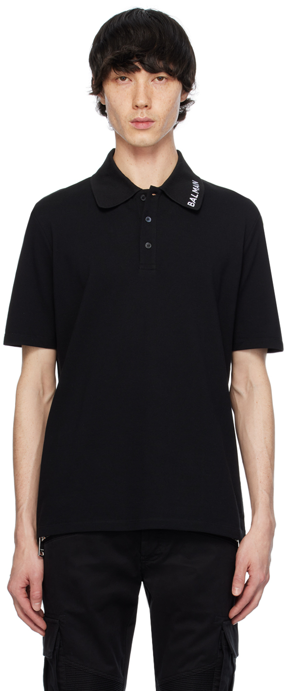 Черная футболка-поло с вышивкой Balmain