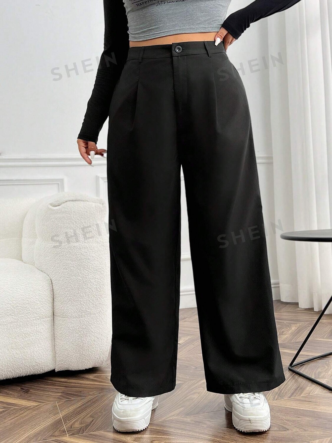 

EZwear Plus Широкие брюки со складками Shein, черный