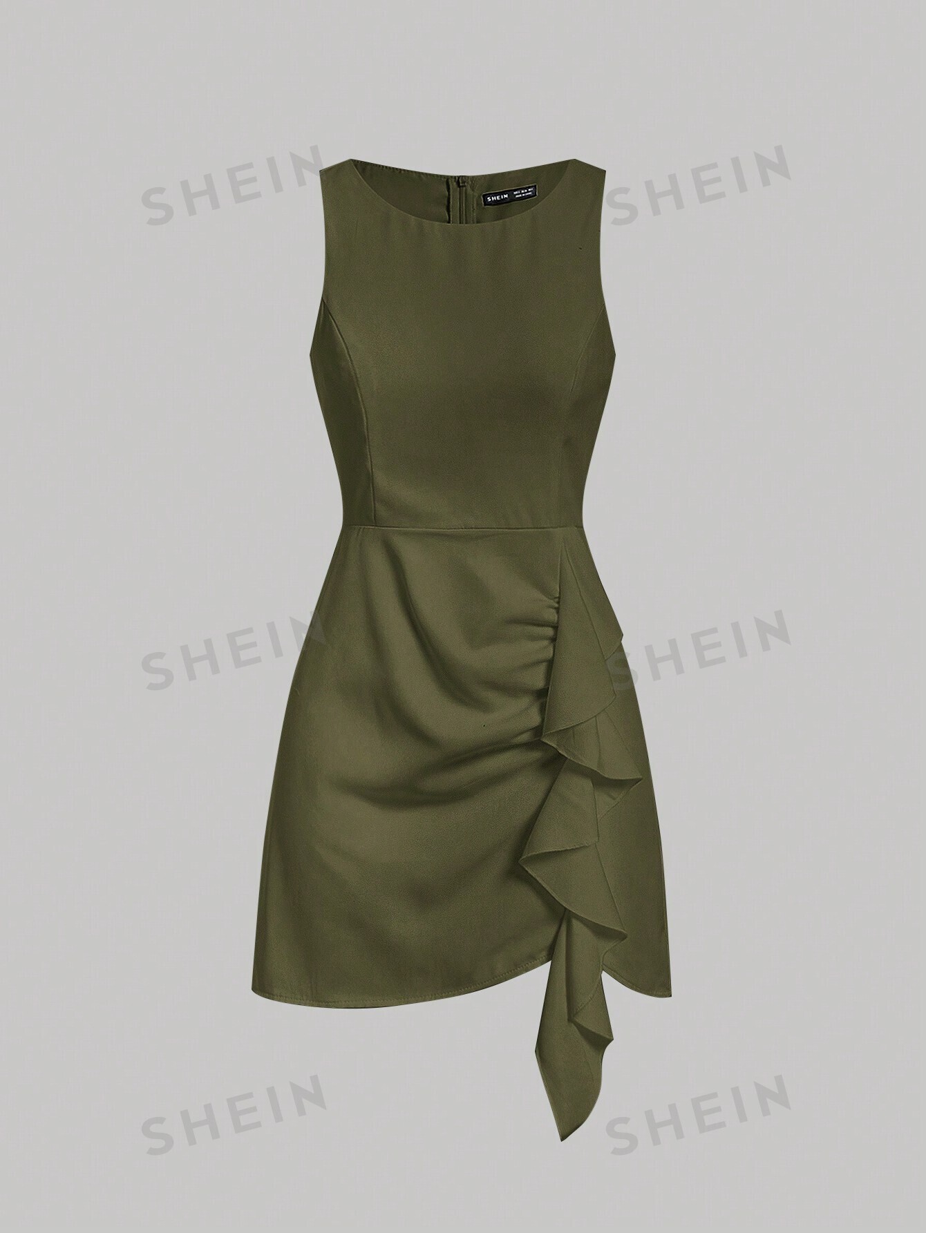 цена SHEIN MOD однотонное платье-жилет без рукавов с бретелькой на шее и рюшами, армейский зеленый