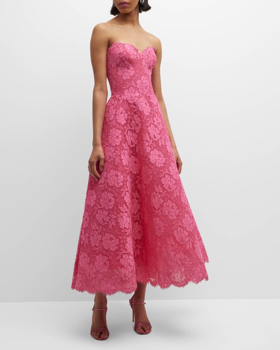 

Кружевное платье чайной длины без бретелек Monique Lhuillier