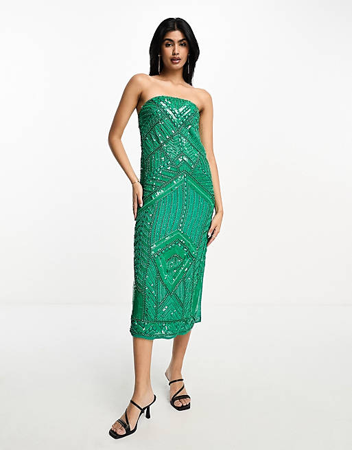 Зеленое эргономичное платье миди-бандо с украшением ASOS DESIGN