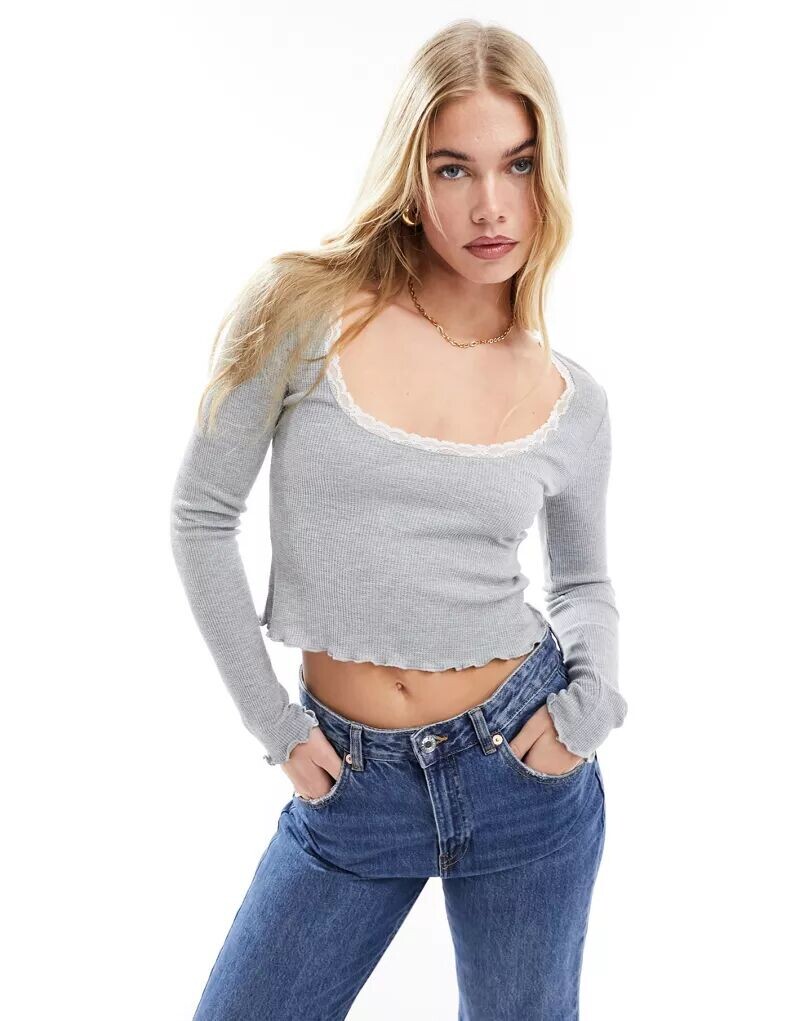 

Серый топ вафельной вязки с кружевной отделкой ASOS Design