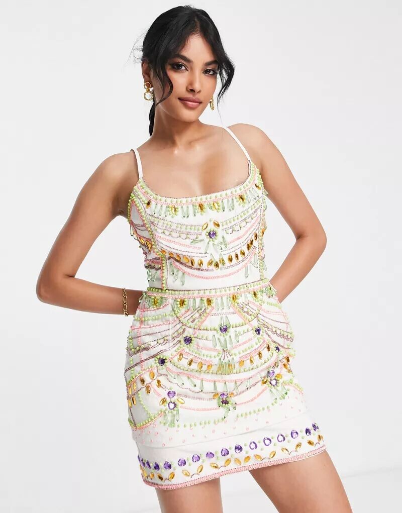 

Украшенное мини-платье цвета слоновой кости с драгоценными камнями ASOS
