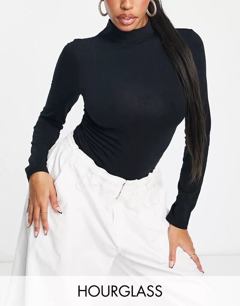 

Черный топ со сборками по бокам и длинными рукавами ASOS Hourglass