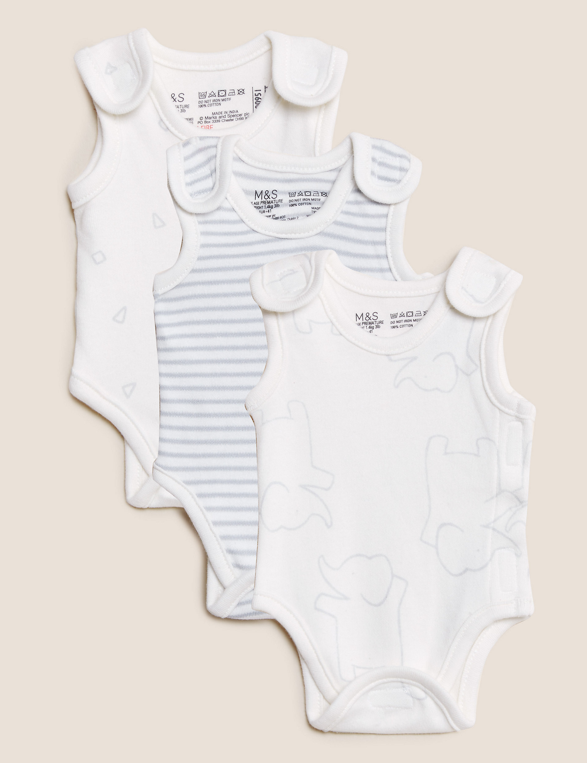 3 комплекта боди для недоношенных детей из чистого хлопка (3–4 фунта) Marks & Spencer, белый микс