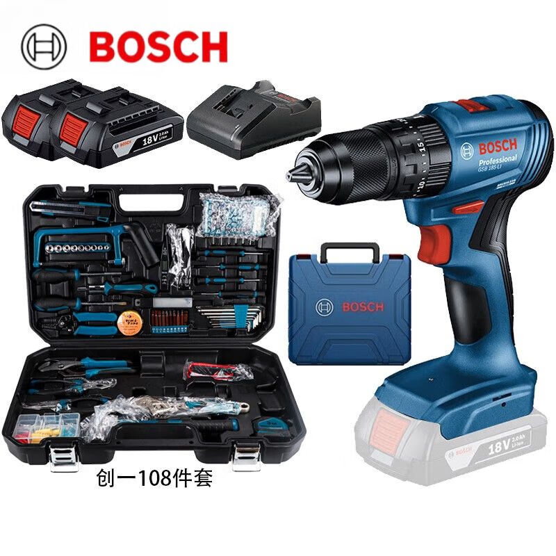 Дрель электрическая Bosch GSB185-Li + два аккумулятора, зарядное устройство, набор инструментов