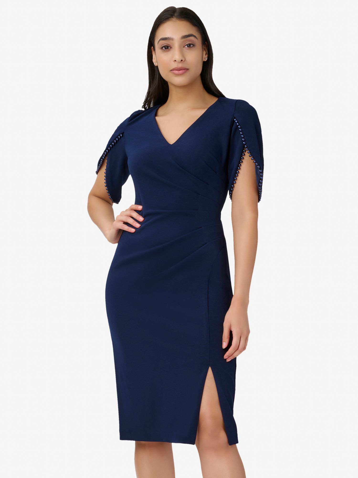 цена Вязаное платье длиной до колена с жемчужной отделкой из крепа Adrianna Papell, темно-синий сатин