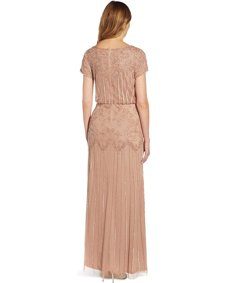 

Платье Adrianna Papell Boat Neck Short Sleeve Blouson Beaded Gown, розовое золото, Розовый