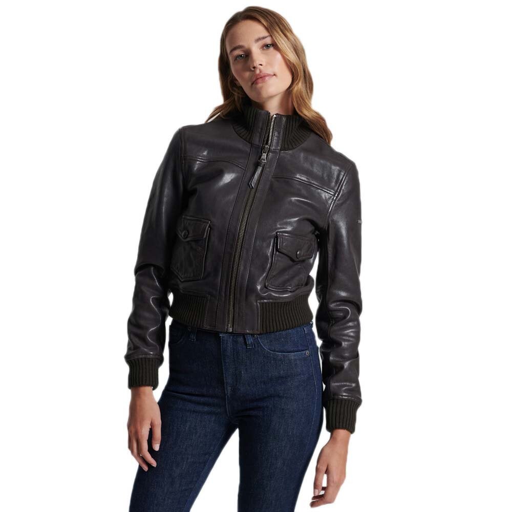 

Куртка Superdry Studios Knit Collar Leather Bomber, коричневый
