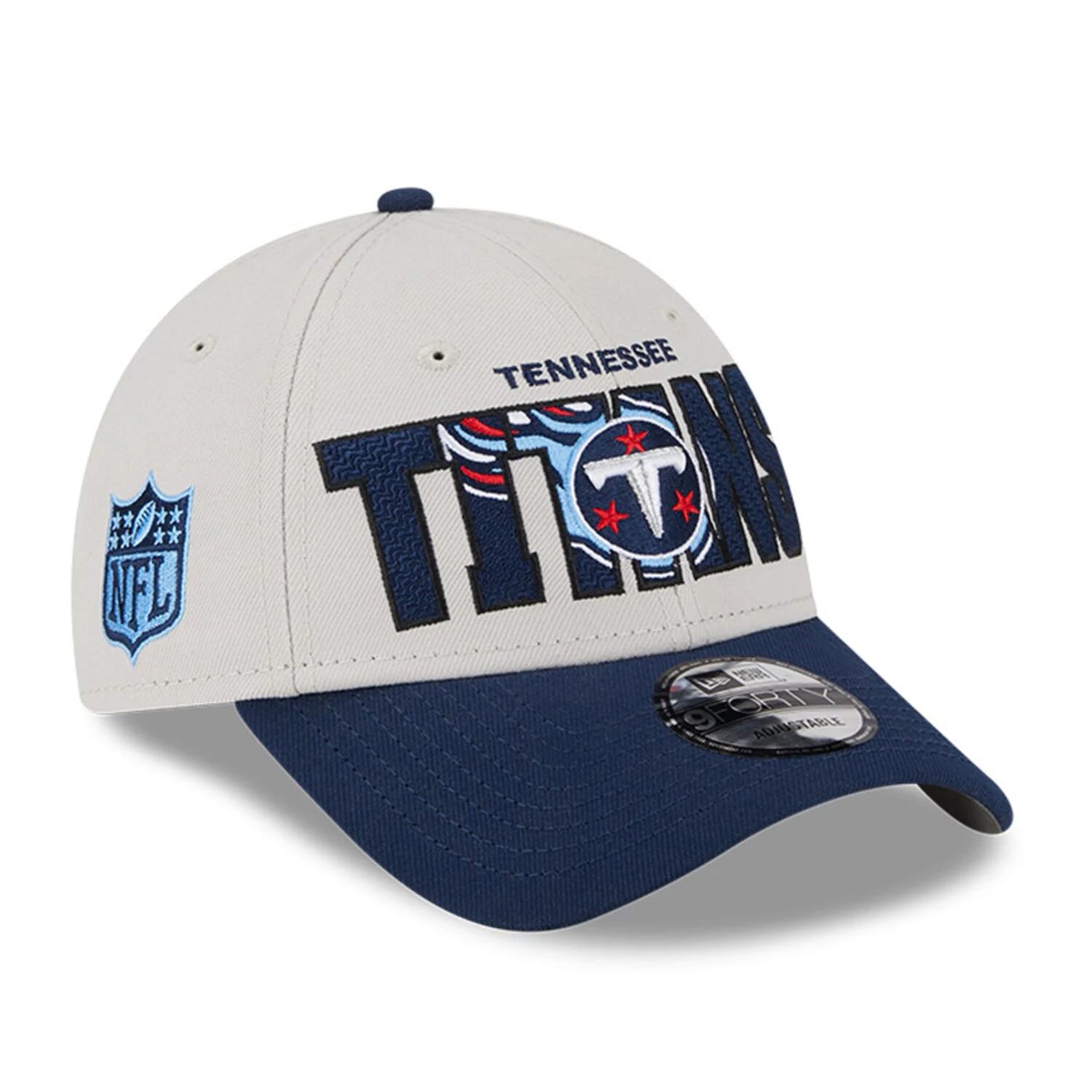 Мужская регулируемая кепка New Era Stone/темно-синяя Tennessee Titans 2023 NFL Draft 9FORTY