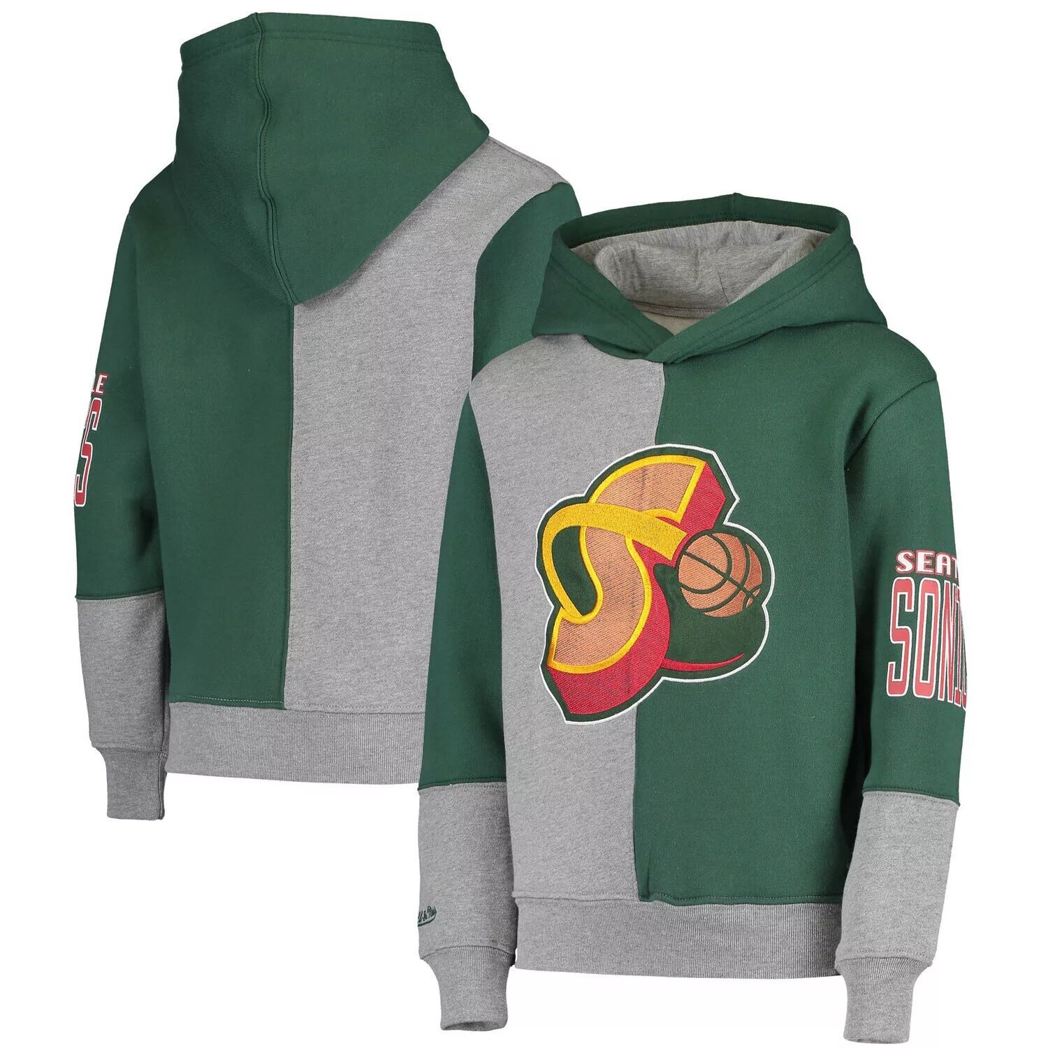 

Молодежный флисовый пуловер с капюшоном Mitchell & Ness Green/Heathed Grey Seattle SuperSonics из твердой древесины, классический флисовый пуловер с капюшоном Unbranded