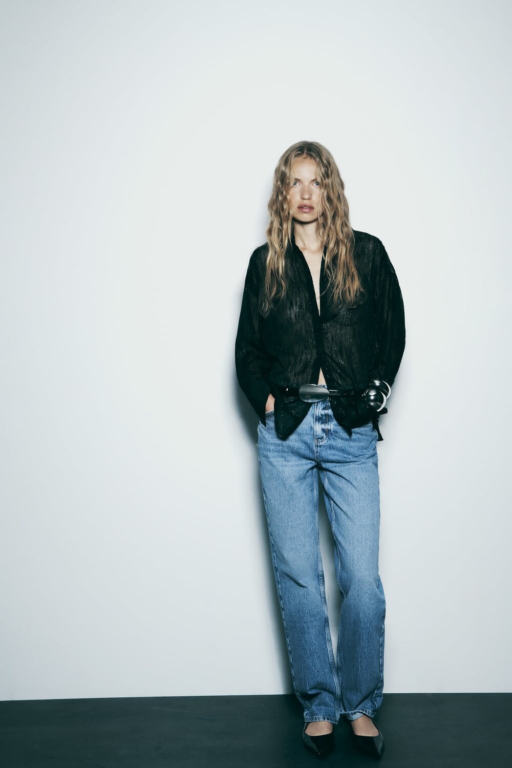 

Полупрозрачная рубашка с металлизированной нитью ZARA, черный
