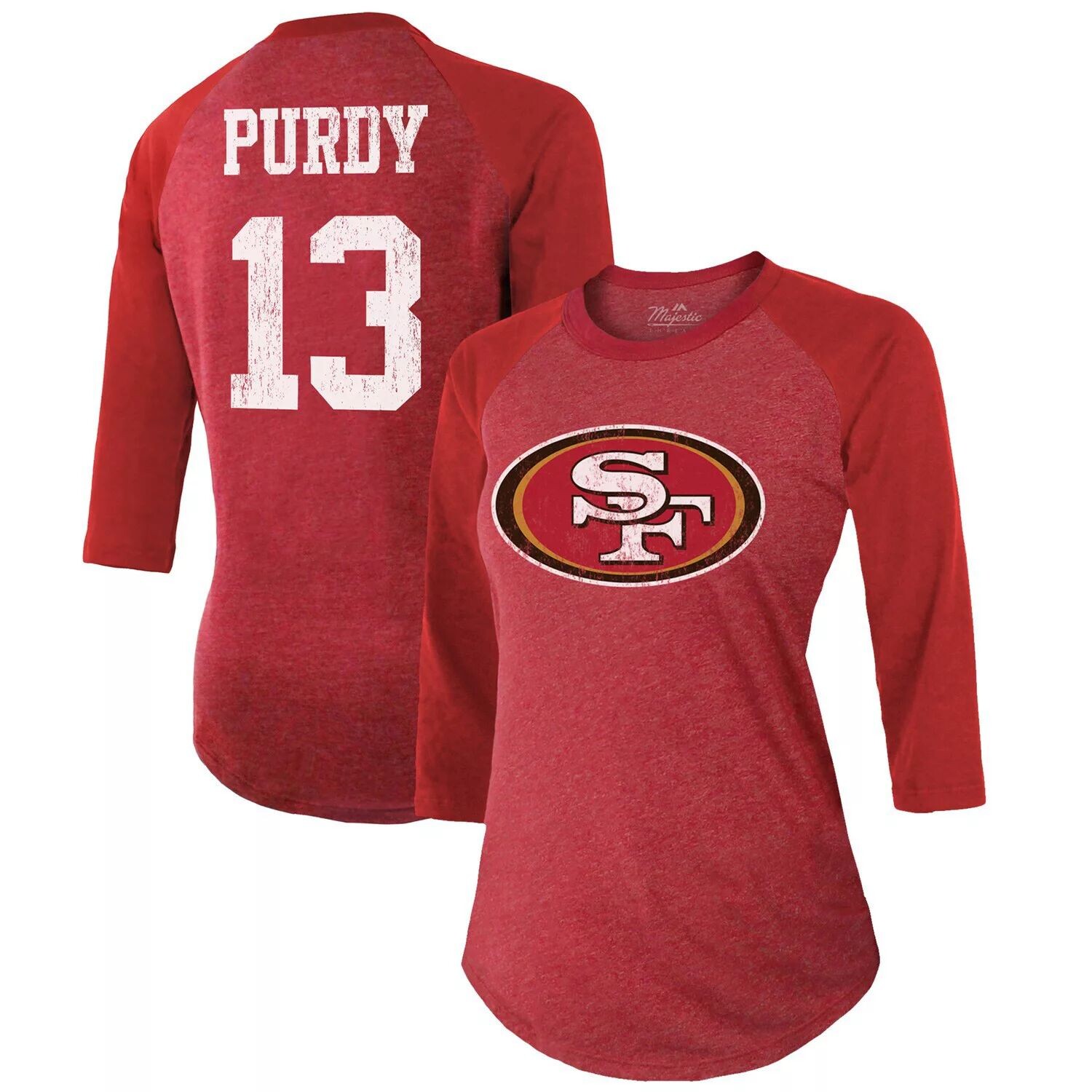 

Женская футболка Majestic Threads Brock Purdy Scarlet San Francisco 49ers с именем и номером, трехцветная футболка реглан с рукавами 3/4 Majestic
