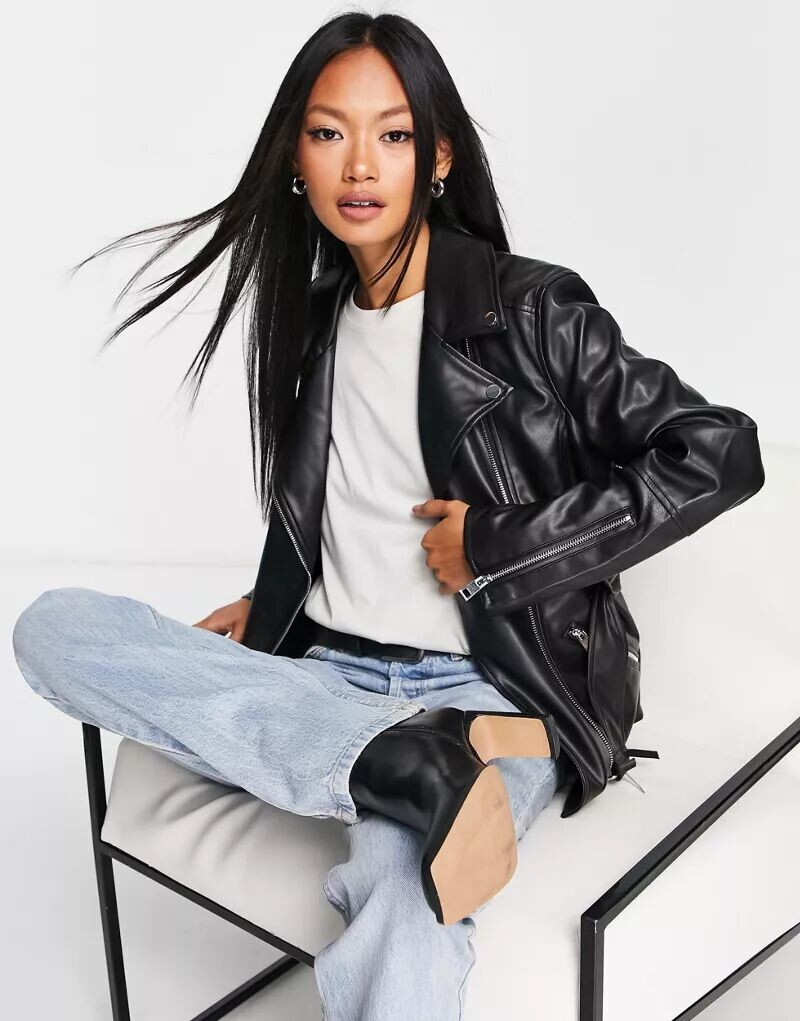 

Черная байкерская куртка оверсайз из искусственной кожи River Island
