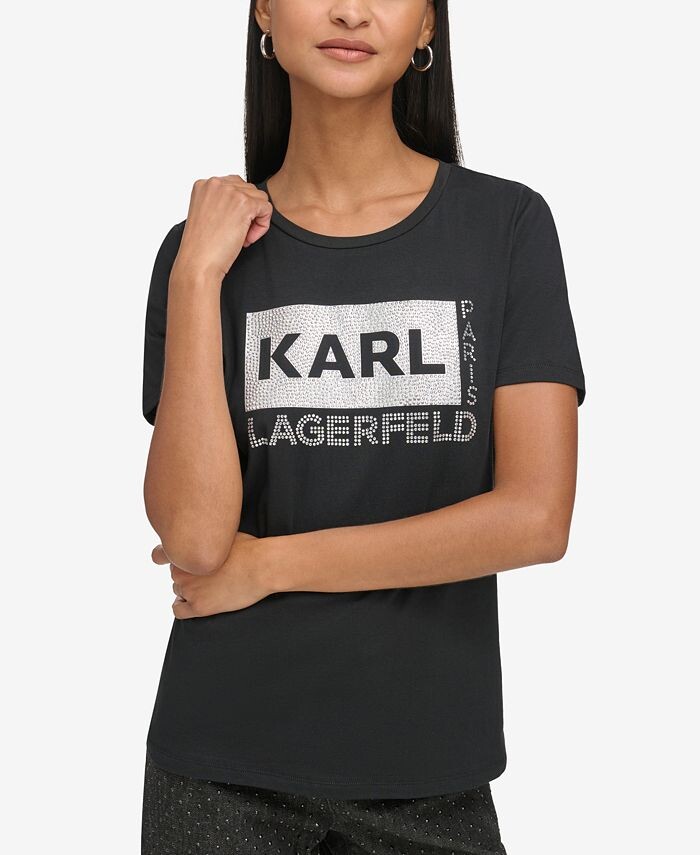 

Женская футболка с квадратным логотипом и декором KARL LAGERFELD PARIS, черный