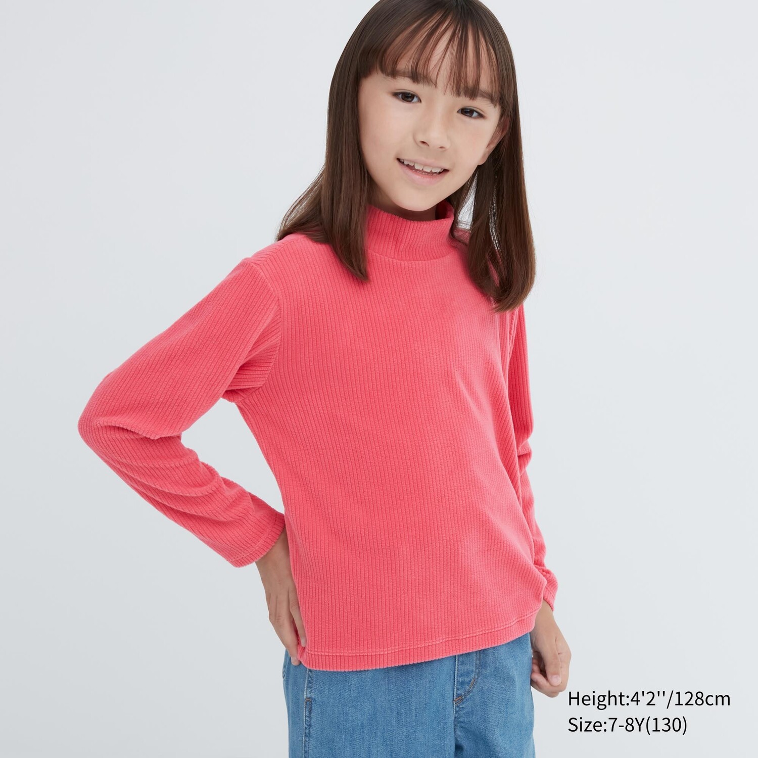

Футболка UNIQLO из флиса в рубчик с высоким воротом и длинными рукавами, розовый