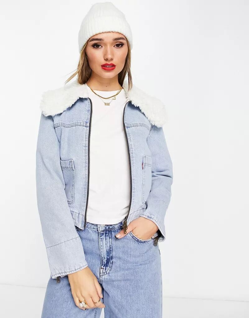 

Светлая джинсовая куртка Levi's в стиле дальнобойщика в стиле ретро с лацканами из шерпы