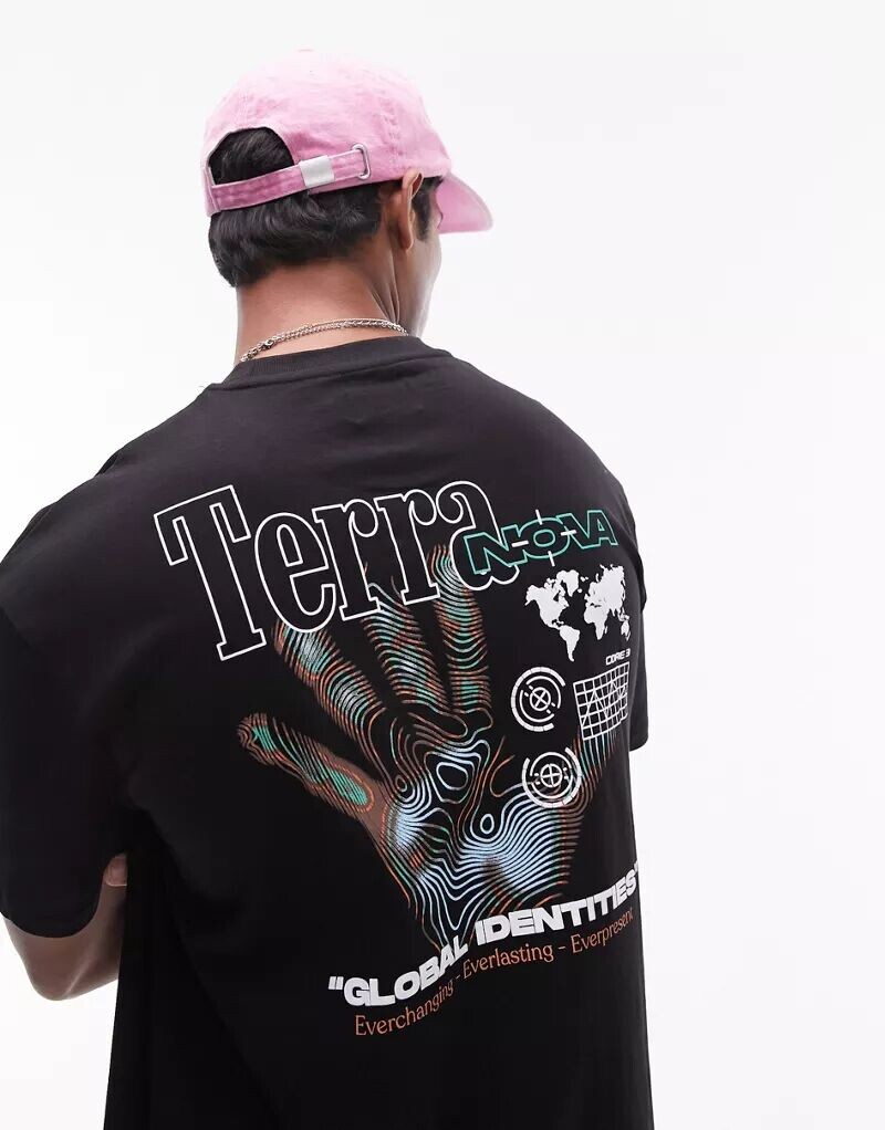 

Черная футболка оверсайз с принтом terra nova спереди и сзади Topman