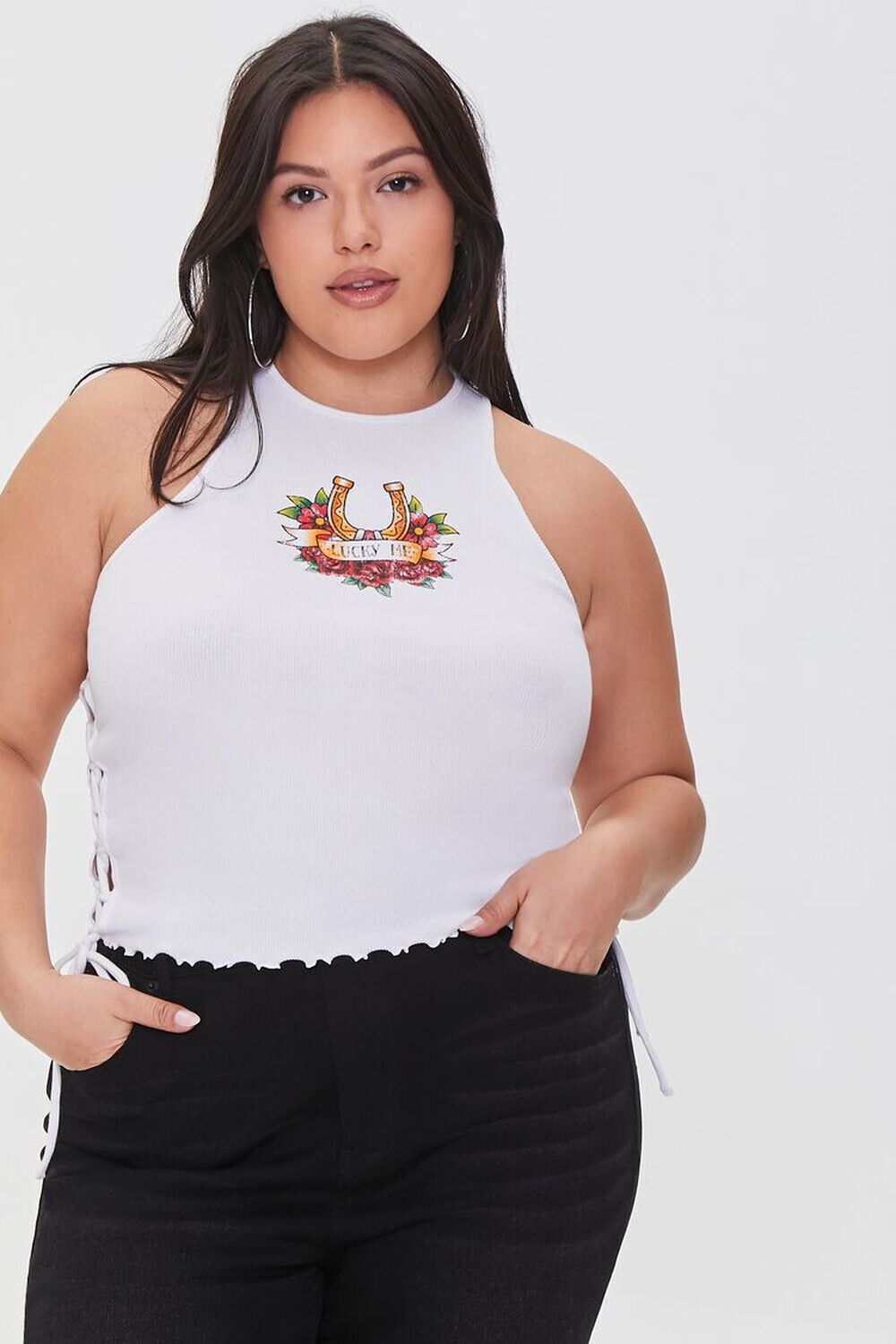 

Майка больших размеров с рисунком Lucky Me Forever 21, белый