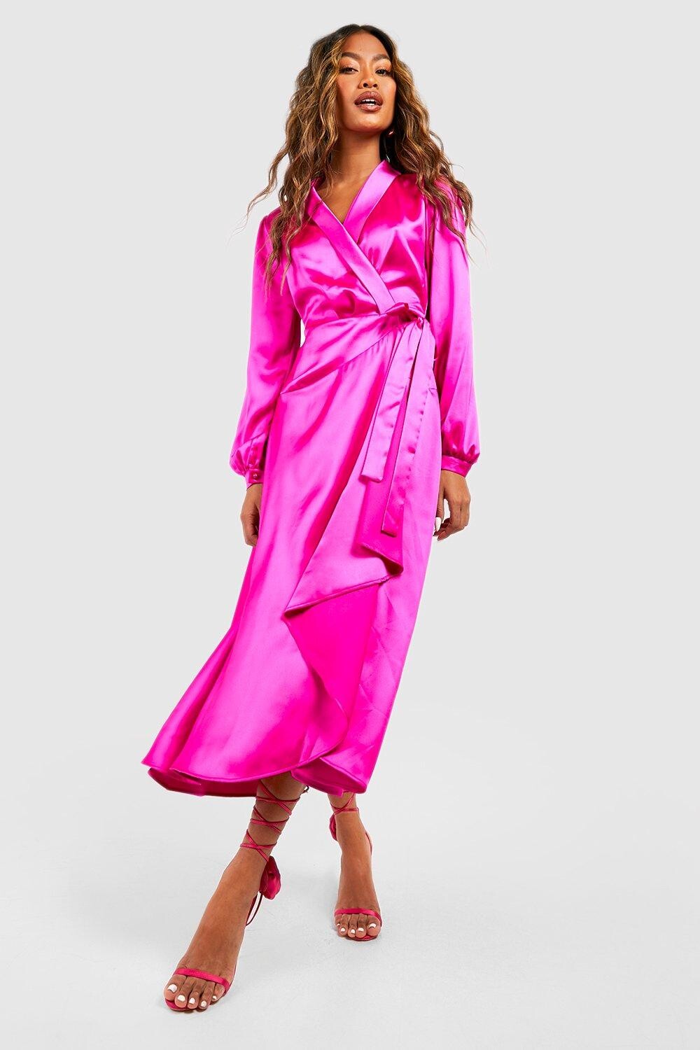 

Атласное платье миди с поясом Boohoo, розовый