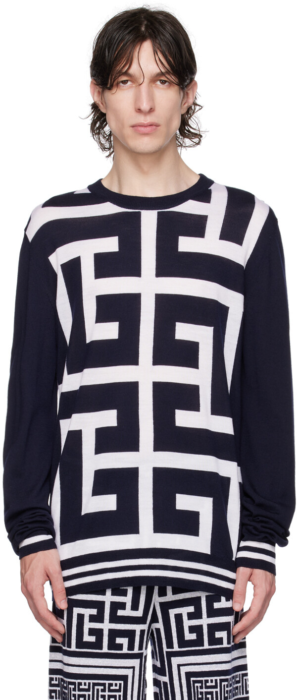 

Balmain Бело-темно-синий жаккардовый свитер
